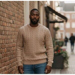 Mizzen + Main Redford Cable Knit Sweater Tan/Khaki Men's Large